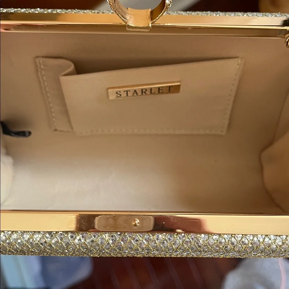 Starlet Gold & Sliver Clutch gold rhinestone ring clasp & Gold chain 8”LX4.5”H